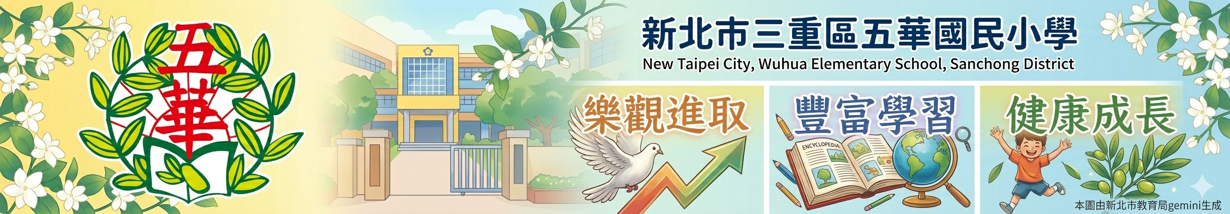 新北市三重區五華國小首頁橫幅，包含五華校徽、秀英花特色，以及樂觀進取、豐富學習、健康成長等標語